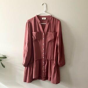 Aura Dusty Rose Tiered Button Front Blouse Dress Medium‎ Boho Romantic